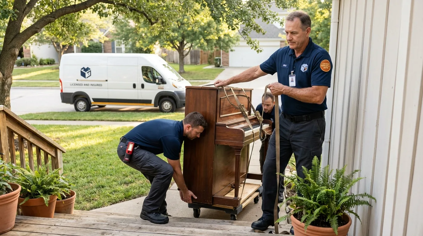 Licensed piano movers securing grand piano in Big Sandy, TX