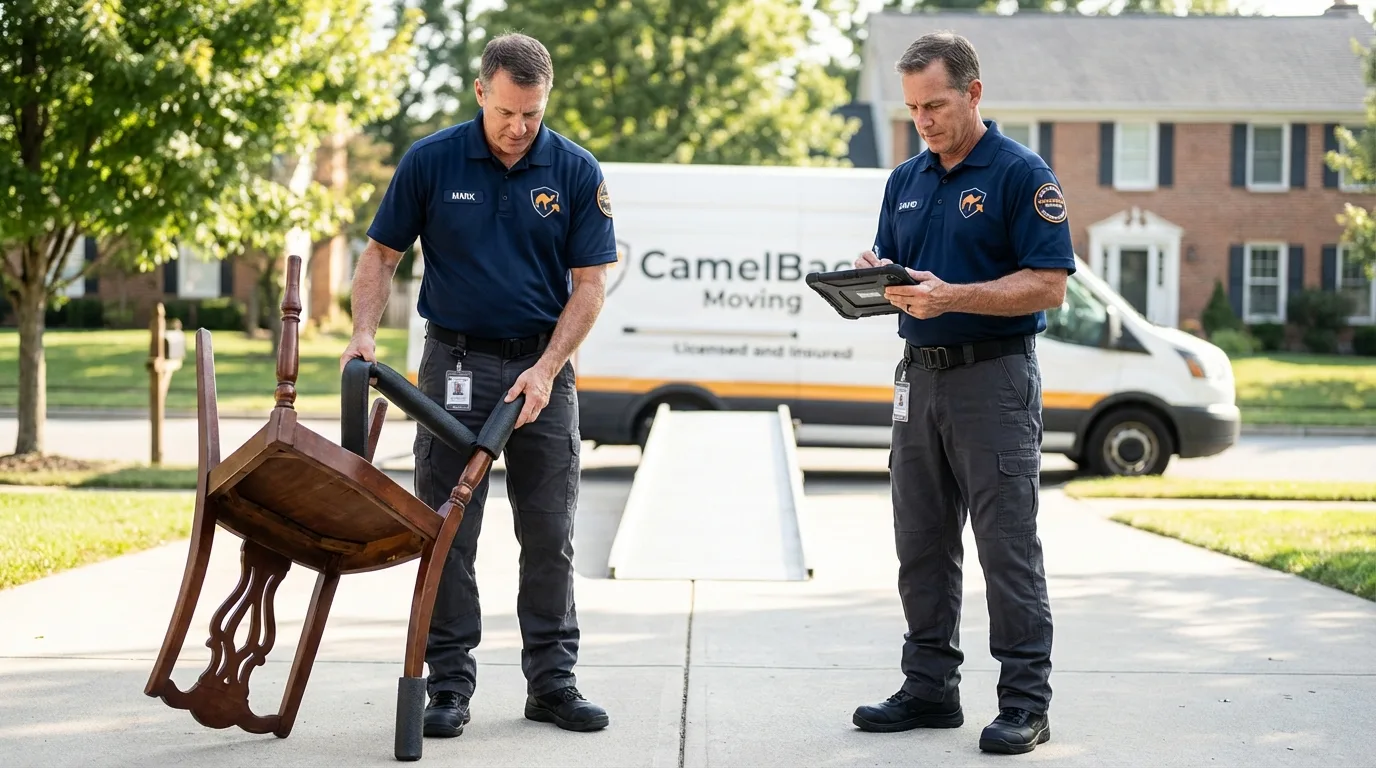 Movers inspecting furniture for damage prevention before loading in Big Sandy, TX
