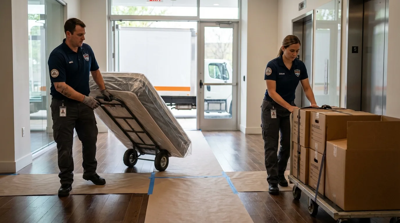 Professional apartment movers loading elevator in Big Sandy, TX